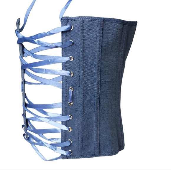 *** SOLD *** Corset in Dark Blue w Boning and Satin Lace-up Back XS - M - Picture 2 of 13